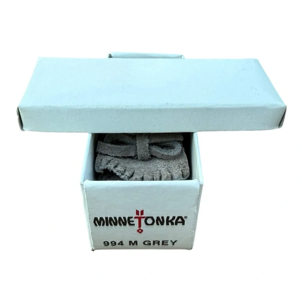 Minnetonka Suede Moccasin Keychain Key Ring Dark Grey Fringed Mini Shoe NIB